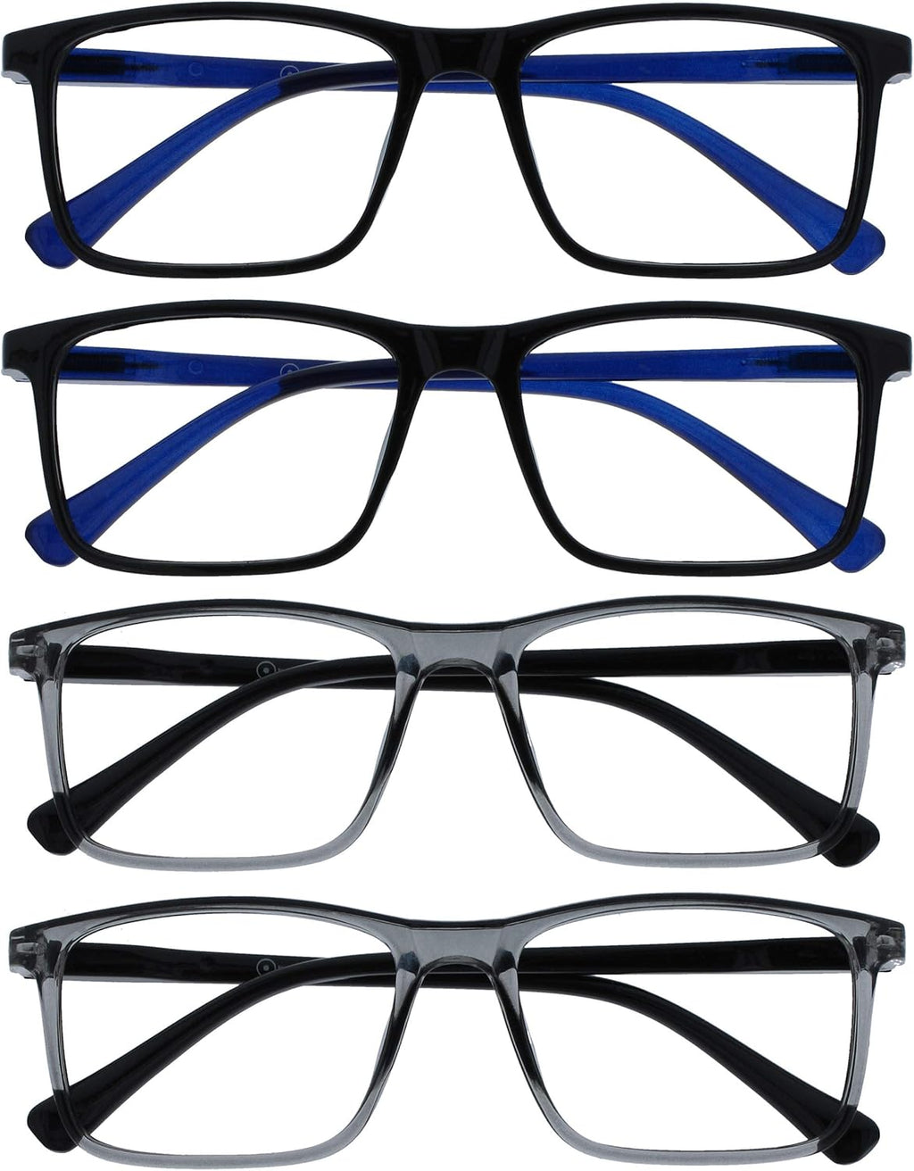 OPULIZE INK Reading Glasses - Value 4 Pack - Large Rectangular Frame - Spring Hinges - Scratch Resistant - Black Grey - Mens Womens +1.50