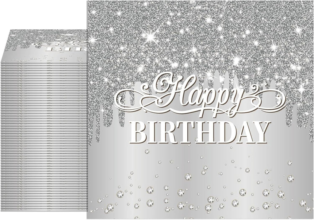 40PCS Silver Happy Birthday Napkins Silver Theme Party Decorations Disposable Cocktail Napkins for lunch,Dinner,Birthdays, Weddings, Baby Showers Party Decoration Supplies