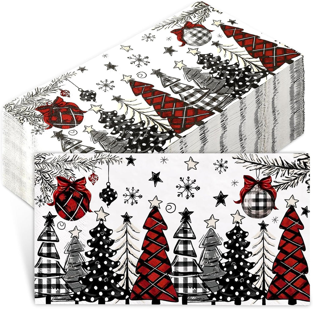 JarThenaAMCS 100Pcs Christmas Guest Napkins Horizontal Disposable Paper Napkins Red Black Xmas Tree Pattern Dinner Hand Napkins For Winter Party Supplies