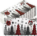 JarThenaAMCS 100Pcs Christmas Guest Napkins Horizontal Disposable Paper Napkins Red Black Xmas Tree Pattern Dinner Hand Napkins For Winter Party Supplies