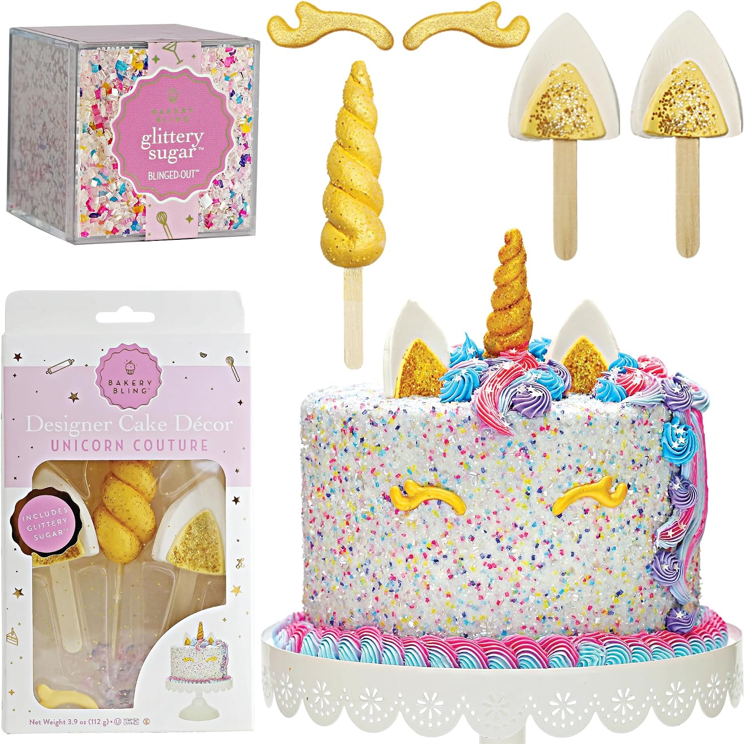 Unicorn Cake Decorating Kit – Edible Royal Icing Cake Toppers & Unicorn Glittery Sugar Sprinkles (3 oz) Bundle – Perfect for Birthday Cakes & Cupcakes – 100% Edible Cake Decorations