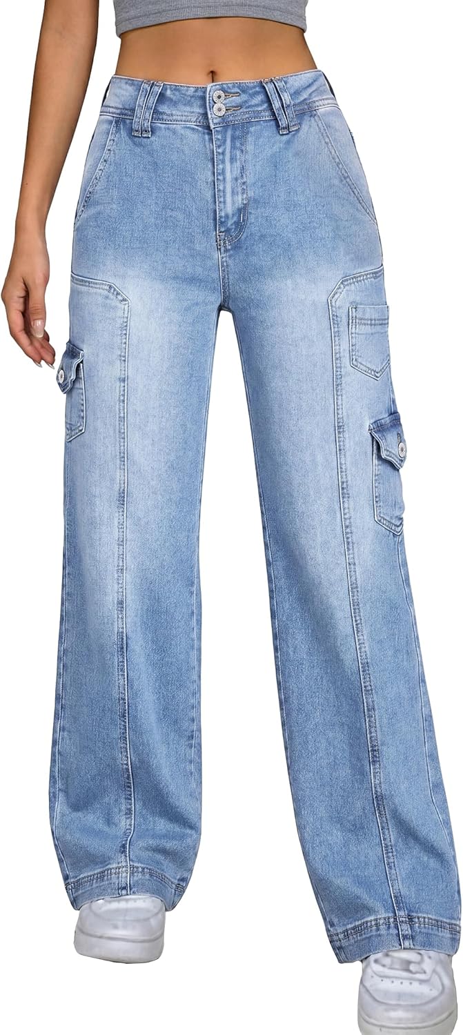 EMMIOL Cargo Pants Women Stretchy Wide Leg Baggy Jeans with Pockets Casual Trousers Y2K Vintage Streetwear Trendy 2026
