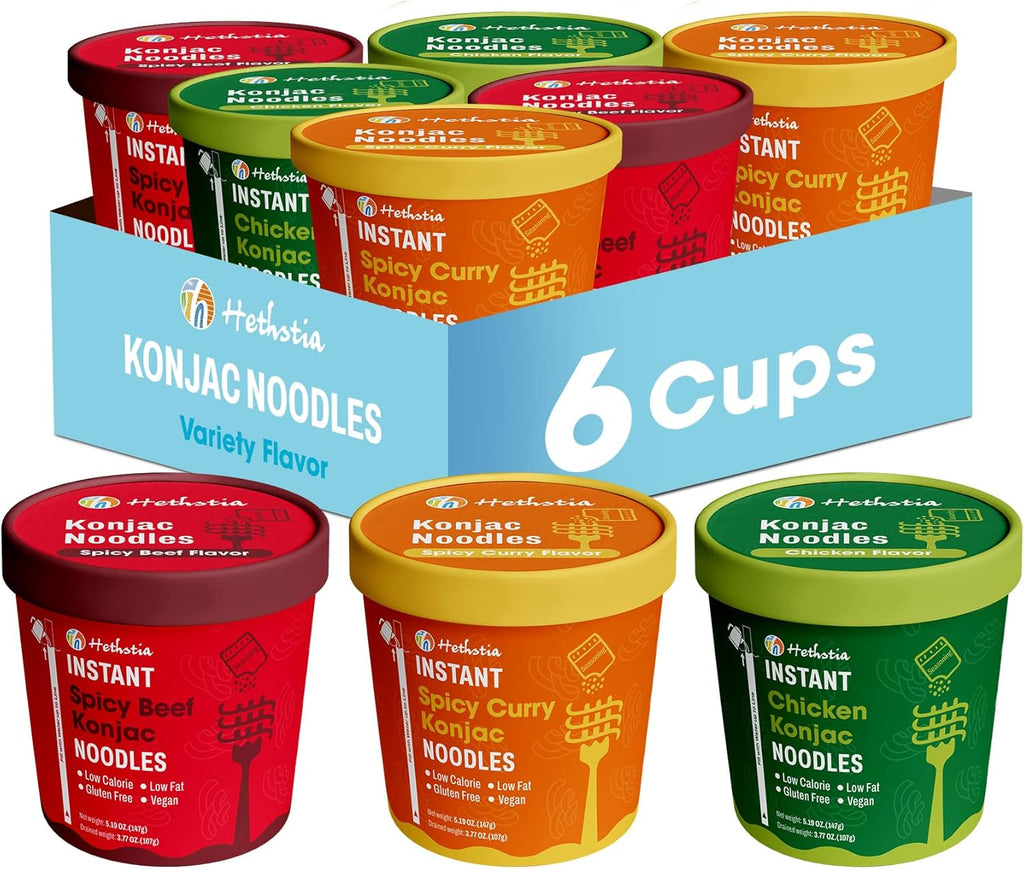 Hethstia Konjac Noodle, 6-Pack Pre-cooked Low Carb Shirataki Pho Soup Variety Flavor (Chicken, Spicy Curry, Spicy Beef)- Low-Calorie, Sugar-Free, Vegan, Gluten-Free, 34.32oz Keto-Friendly Asian Meal
