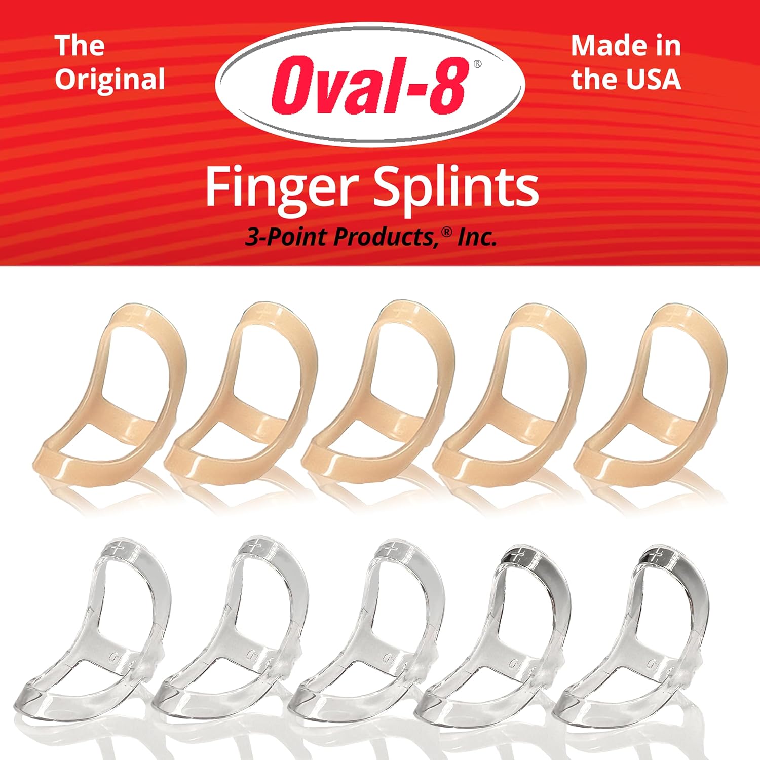 3-Point Products Oval-8 Finger Splints, Support and Protection for Arthritis, Trigger Finger or Thumb, and Other Finger Conditions, 5-Pack, Size 5. Available in Beige or Clear