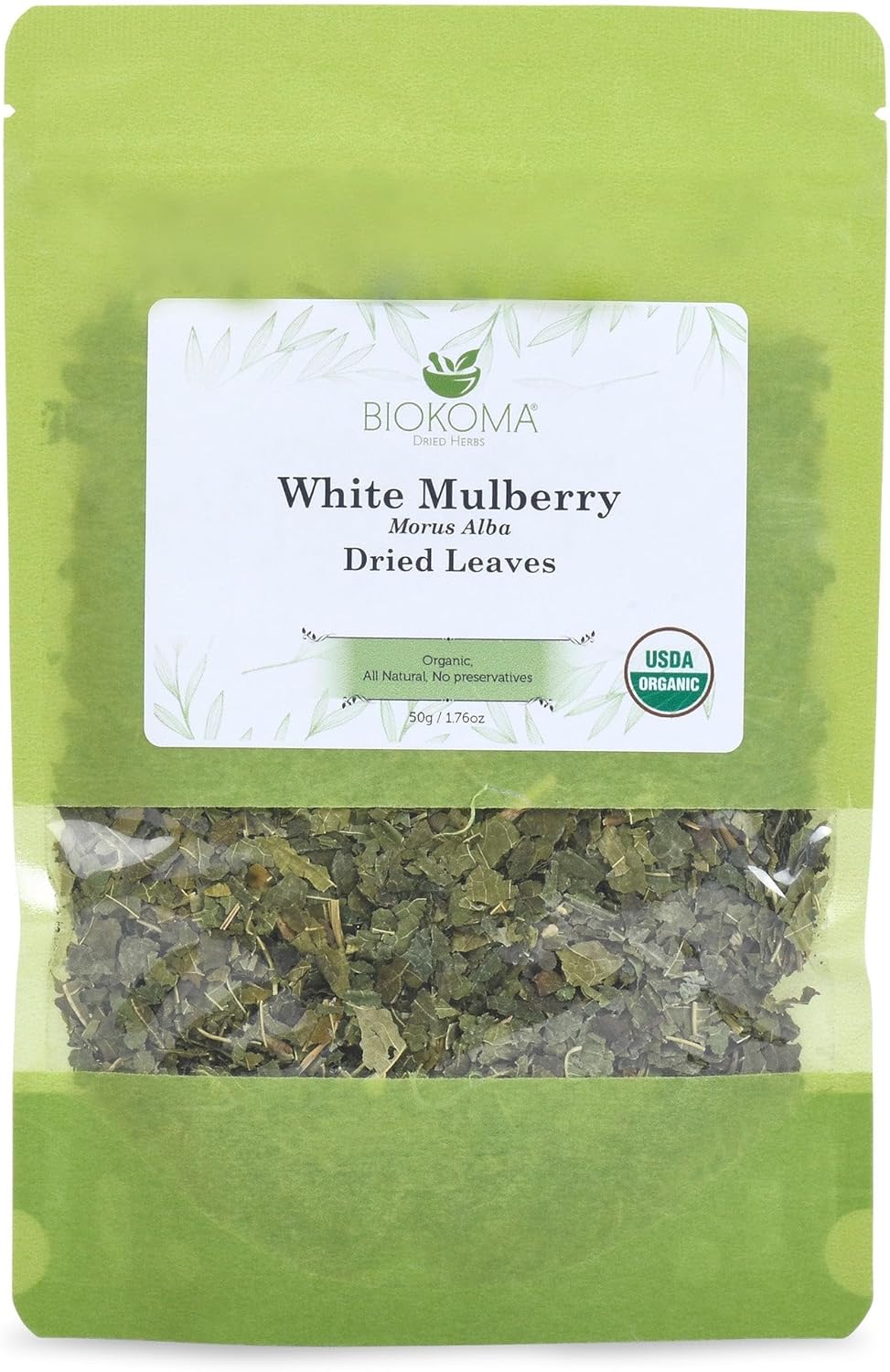 Biokoma Organic White Mulberry Leaf Tea Loose Dried Leaves 1.76oz - Morus Alba Herbal Tea - USDA Organic - Resealable Moisture Proof Pouch - No Additives - No Preservatives - Non GMO - Kosher
