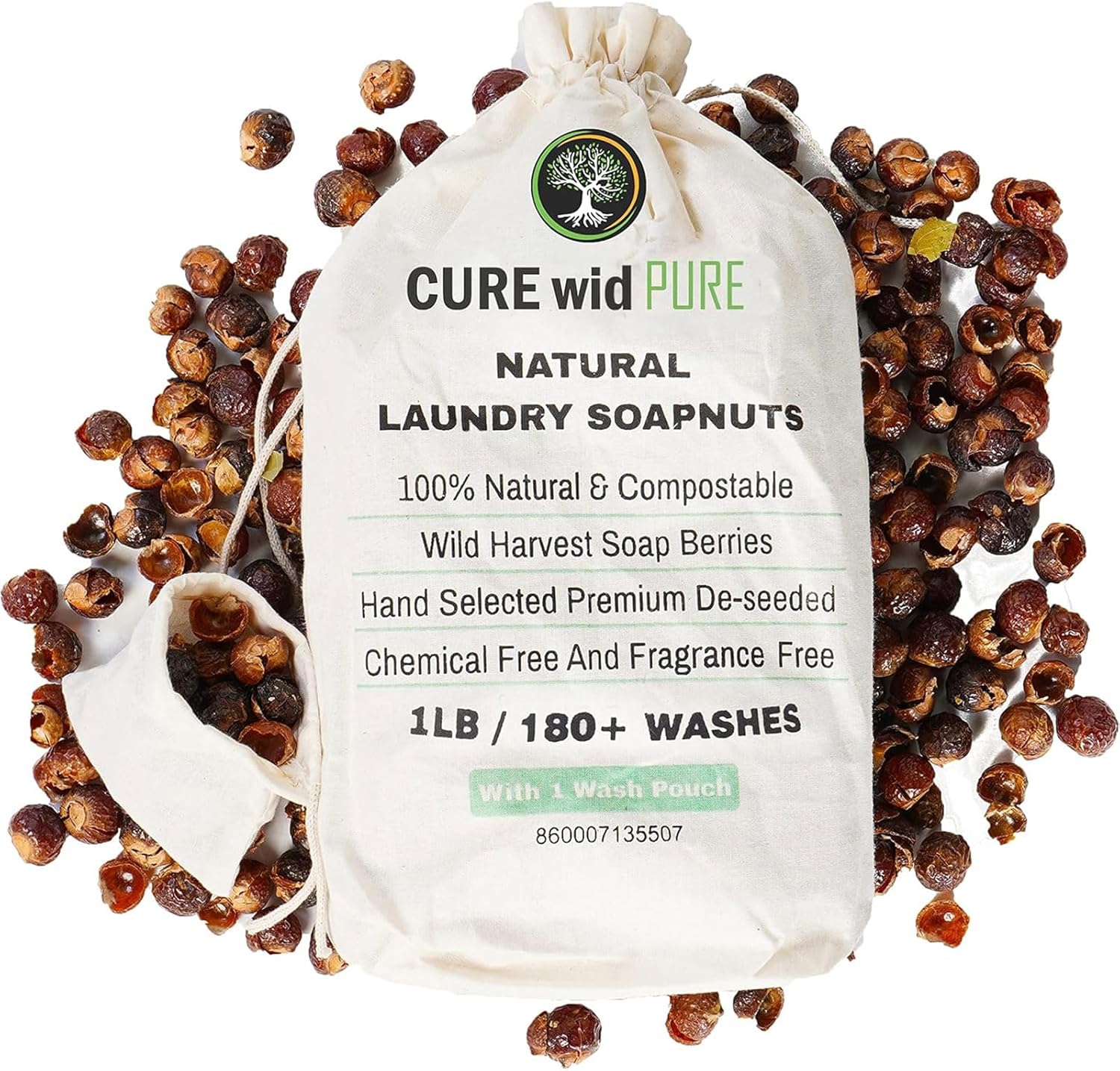 Cure With Pure Organic Soap Nuts Deseeded 1lb/450g With 1 Wash Bag Approx 180 Loads,Eco-friendly Soap Nuts Laundry Detergent,Chemical & Fragrance-free Organic Soap Berries Non-toxic Laundry Detergent
