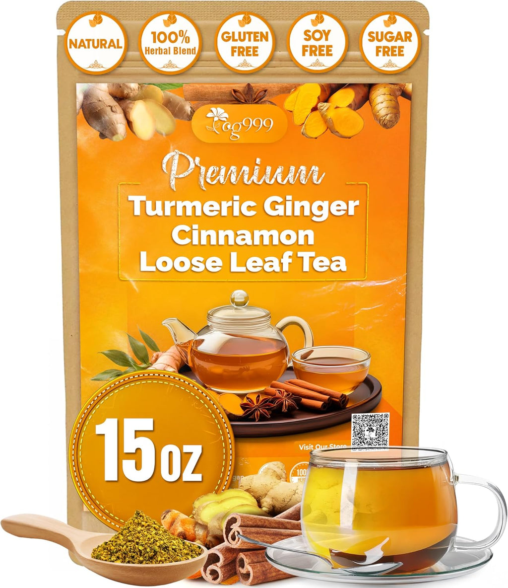 TOG999, Premium 15oz Ginger Turmeric Cinnamon Loose Leaf Herbal Tea - Premium Quality Spiced Herbal Blend – Caffeine-Free, Non-GMO, Natural Dried Roots and Bark. Vegan-Friendly.