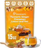 TOG999, Premium 15oz Ginger Turmeric Cinnamon Loose Leaf Herbal Tea - Premium Quality Spiced Herbal Blend – Caffeine-Free, Non-GMO, Natural Dried Roots and Bark. Vegan-Friendly.