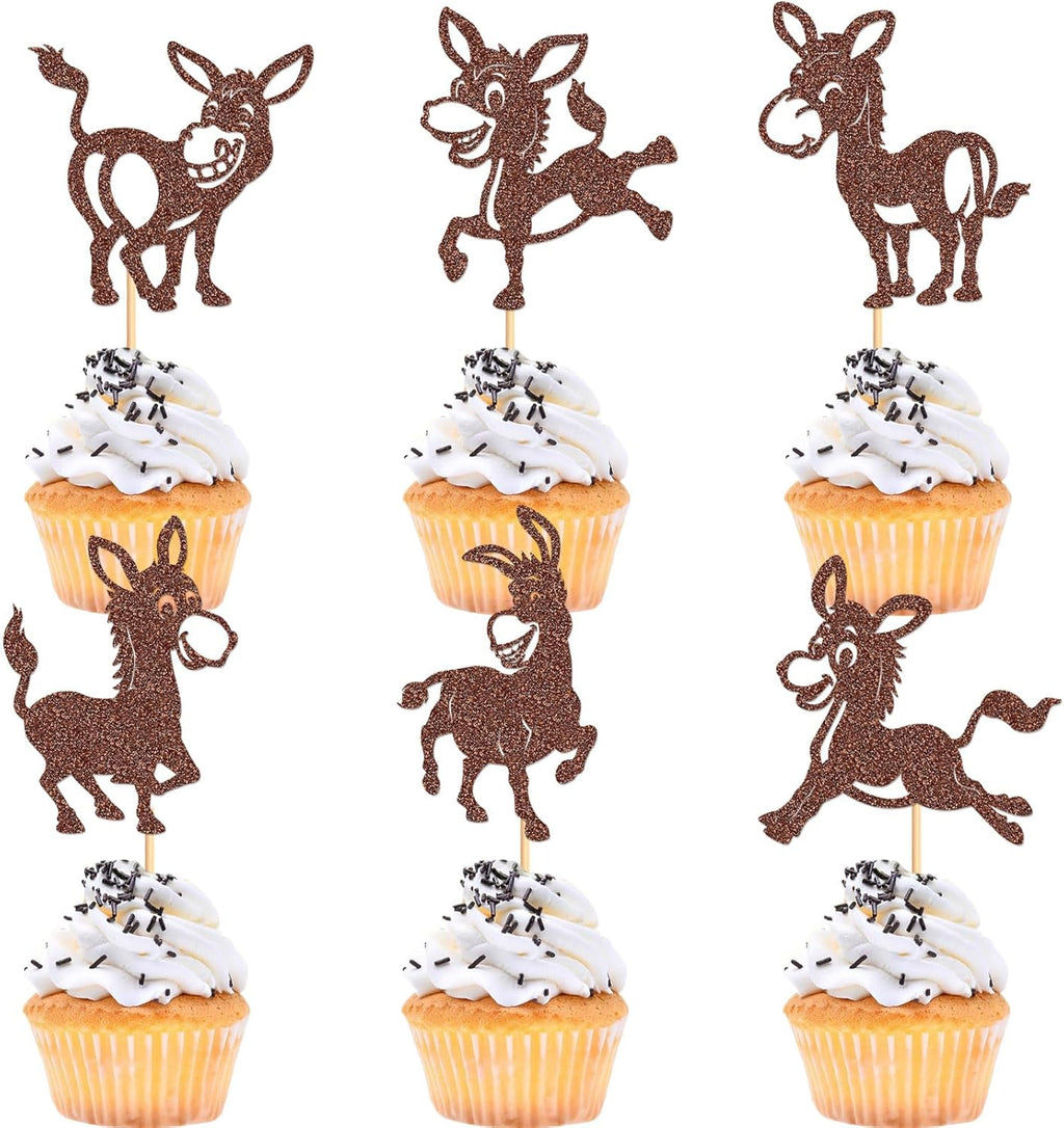 36Pcs Happy Donkey Cupcake Toppers Glitter Brown Donkeys Cupcake Picks for Farmyard Animal Baby Shower Donkey Themed Kids Boys Girls Birthday Party Cupcake Cake Decorations