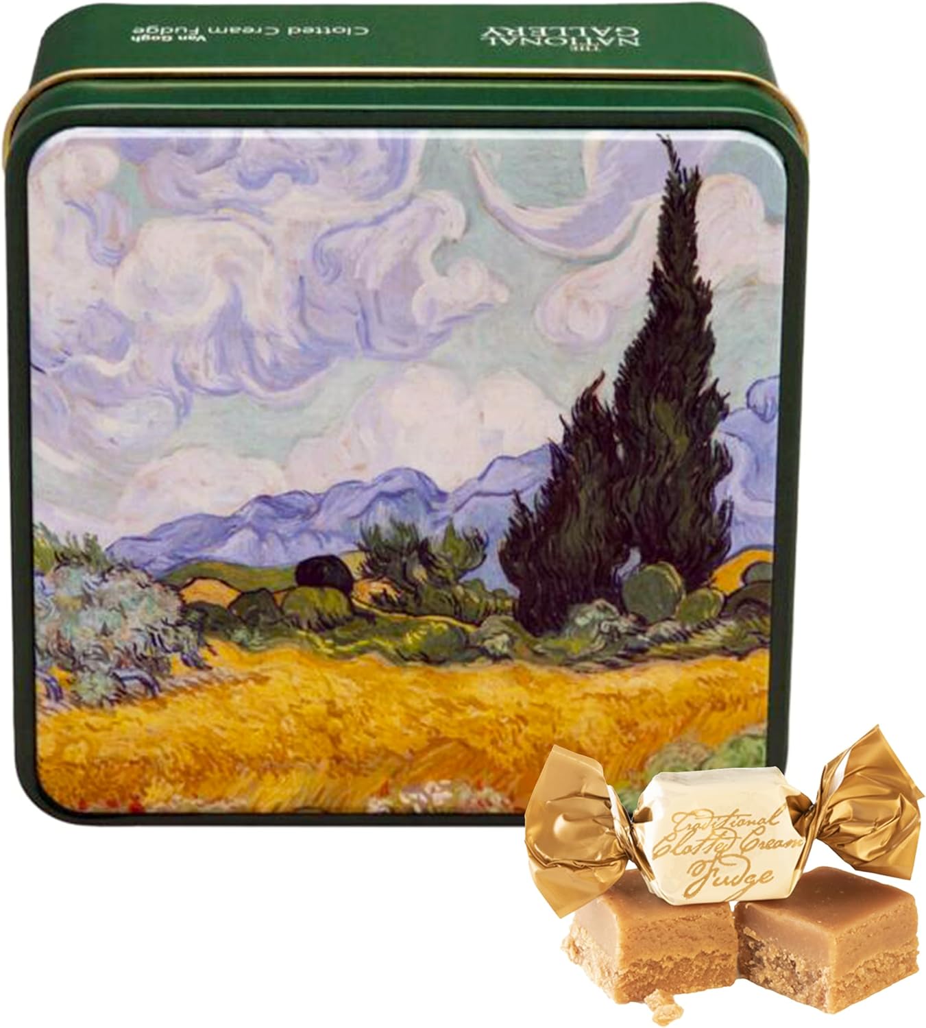 Gardiners of Scotland Handmade Fudge, Van Gogh Wheatfield & Cypresses Clotted Cream Fudge 4 Ounce Square Tin