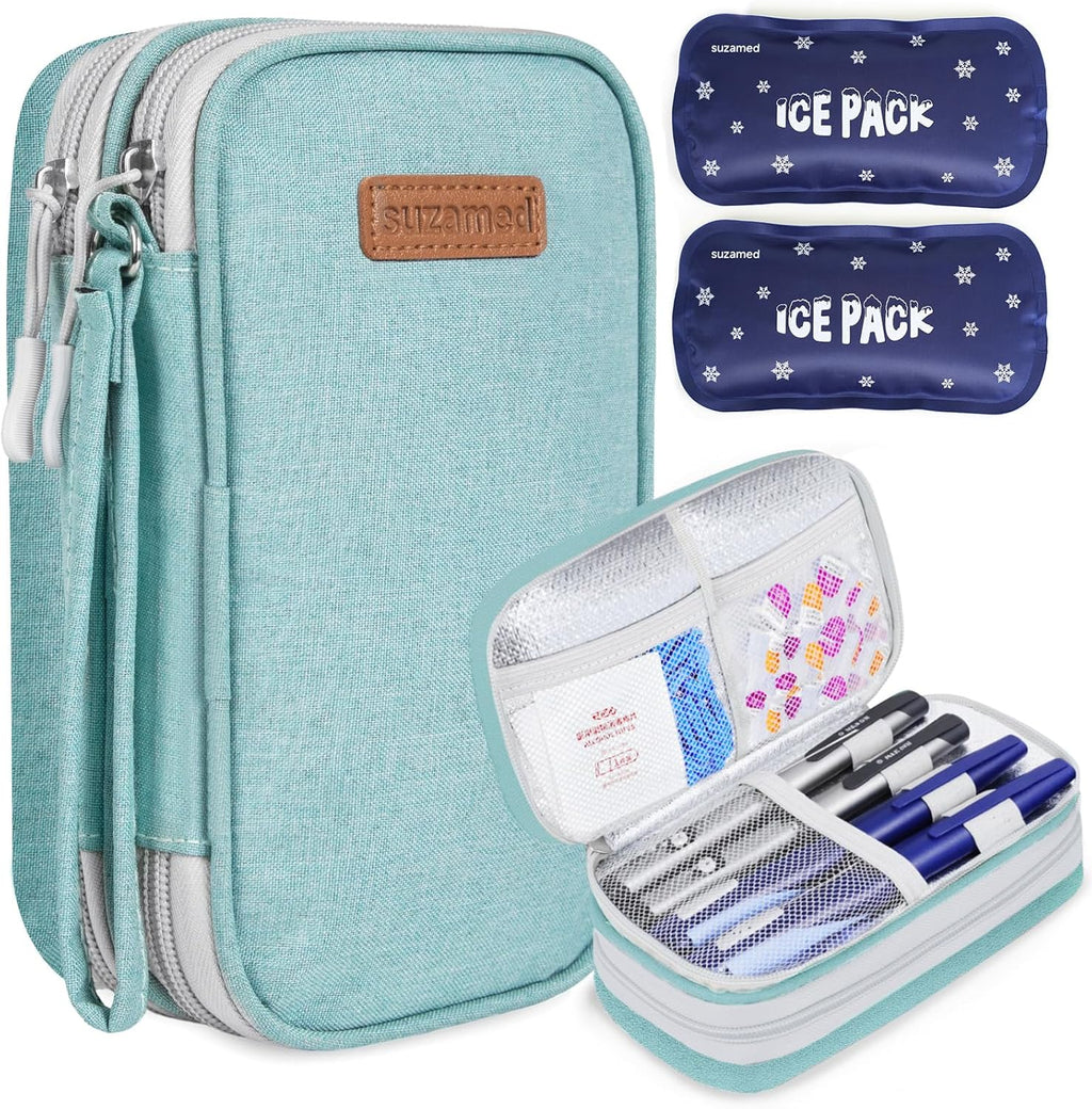suzamed Insulin Cooler Travel Case, Double Layer Medicine Kit Diabetes Travel Case, Portable Medicine Organizer with 2Pack 150g Ice Pack TSA Approved for Insulin Pens Diabetic Supplies (Green)