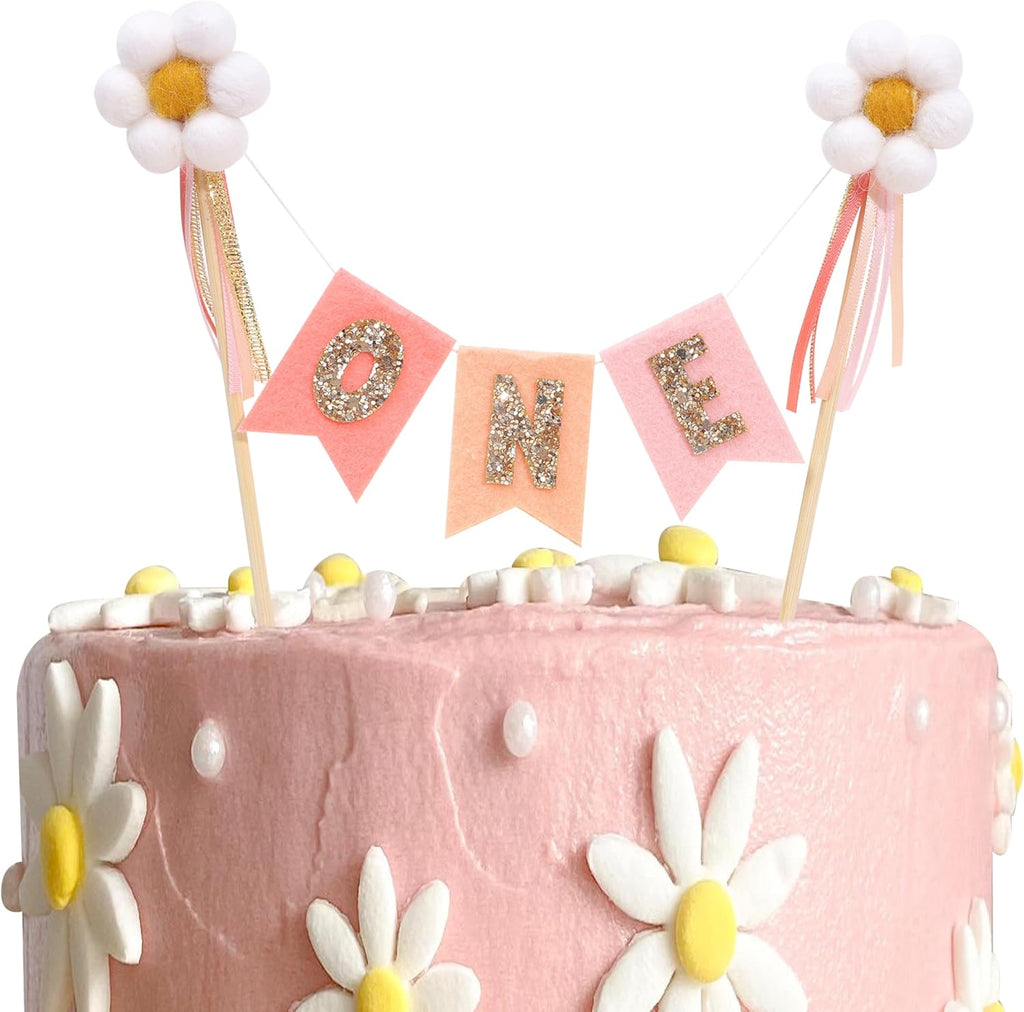 Daisy One Bunting Cake Topper - Flower Girls 1st Birthday Decorations,Felt Daisy First Birthday Cake Topper,Gold Glitter One Banner Cake Decorations,Bohemian Groovy Daisy Party Photo Props