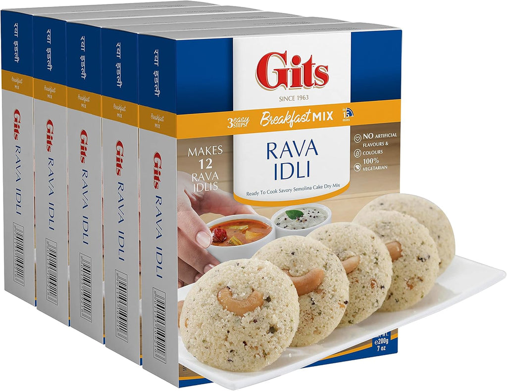 Gits Rava Idli Mix, 87.5 Oz (Pack of 5 X 17.5 Oz Each) Ready to Cook Indian Breakfast, Snack Meal | 100% Vegetarian, Easy Recipe, No Artificial Colors, Flavors, Preservatives. Vegan.