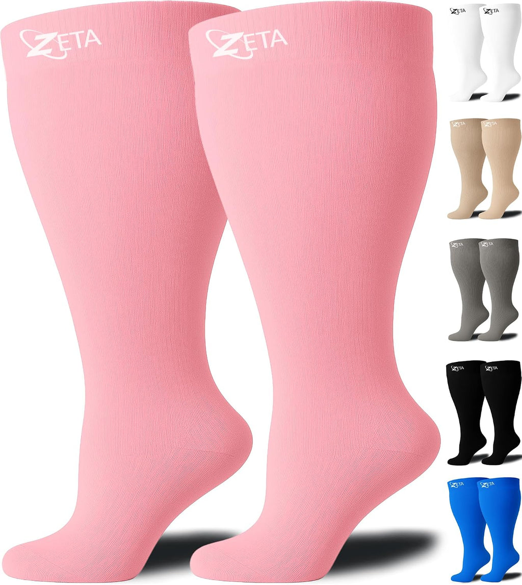 Zeta Wear Plus Size Compression Socks for Women and Men, Wide Calf Knee-High 15-19 mmHg Graduated Support, Easy-On Cuff, Fits Calves to 26 inch / 66 cm