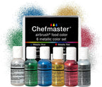 Chefmaster 6-Bottle Set of Metallic Airbrush Food Coloring, Rich Colors, Edible Glitter, Professional-Grade Dye for Icing, Frosting, Fondant, Chocolate, Made in USA, 0.67 oz Each