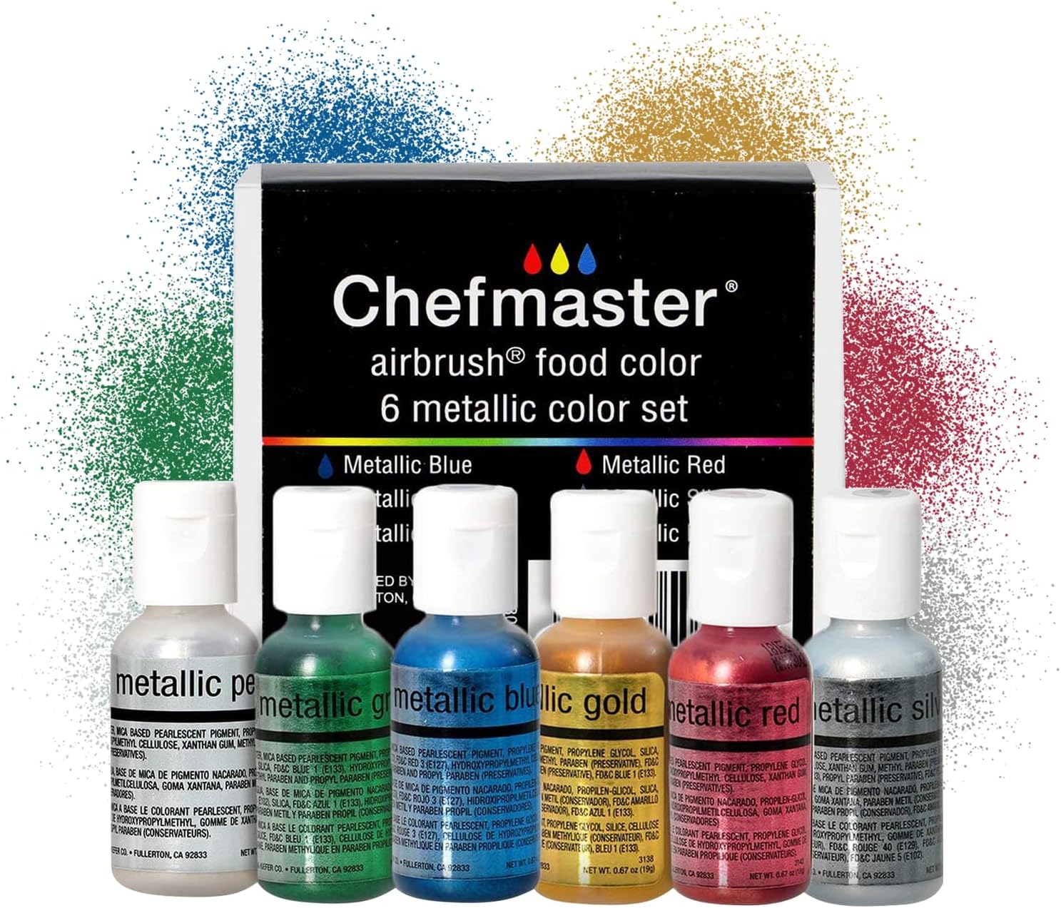 Chefmaster 6-Bottle Set of Metallic Airbrush Food Coloring, Rich Colors, Edible Glitter, Professional-Grade Dye for Icing, Frosting, Fondant, Chocolate, Made in USA, 0.67 oz Each