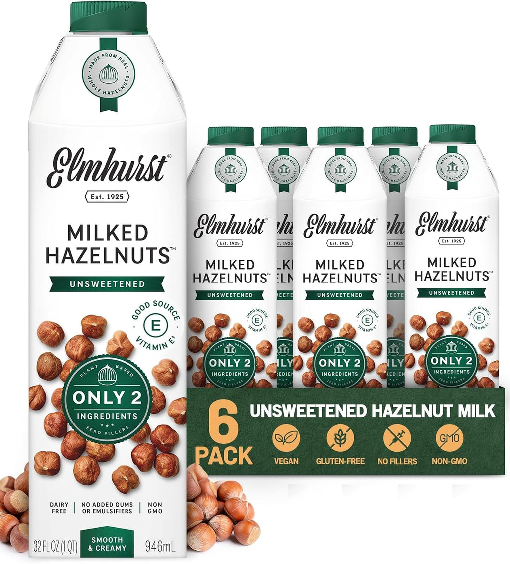 Elmhurst 1925 Unsweetened Hazelnut Milk - 32 Ounce (Pack of 6) Dairy-Free, Gluten-Free, Vegan, Kosher, Shelf Stable Milk Made with Water & Hazelnuts for Healthier, Simpler Plant-Based Alternatives