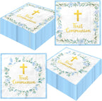 First Communion Decorations for Boys, 50pcs Blue Baptism Napkins First Communion Paper Napkins for Baptism Decorations, Easter Party, First Communion Party Supplies