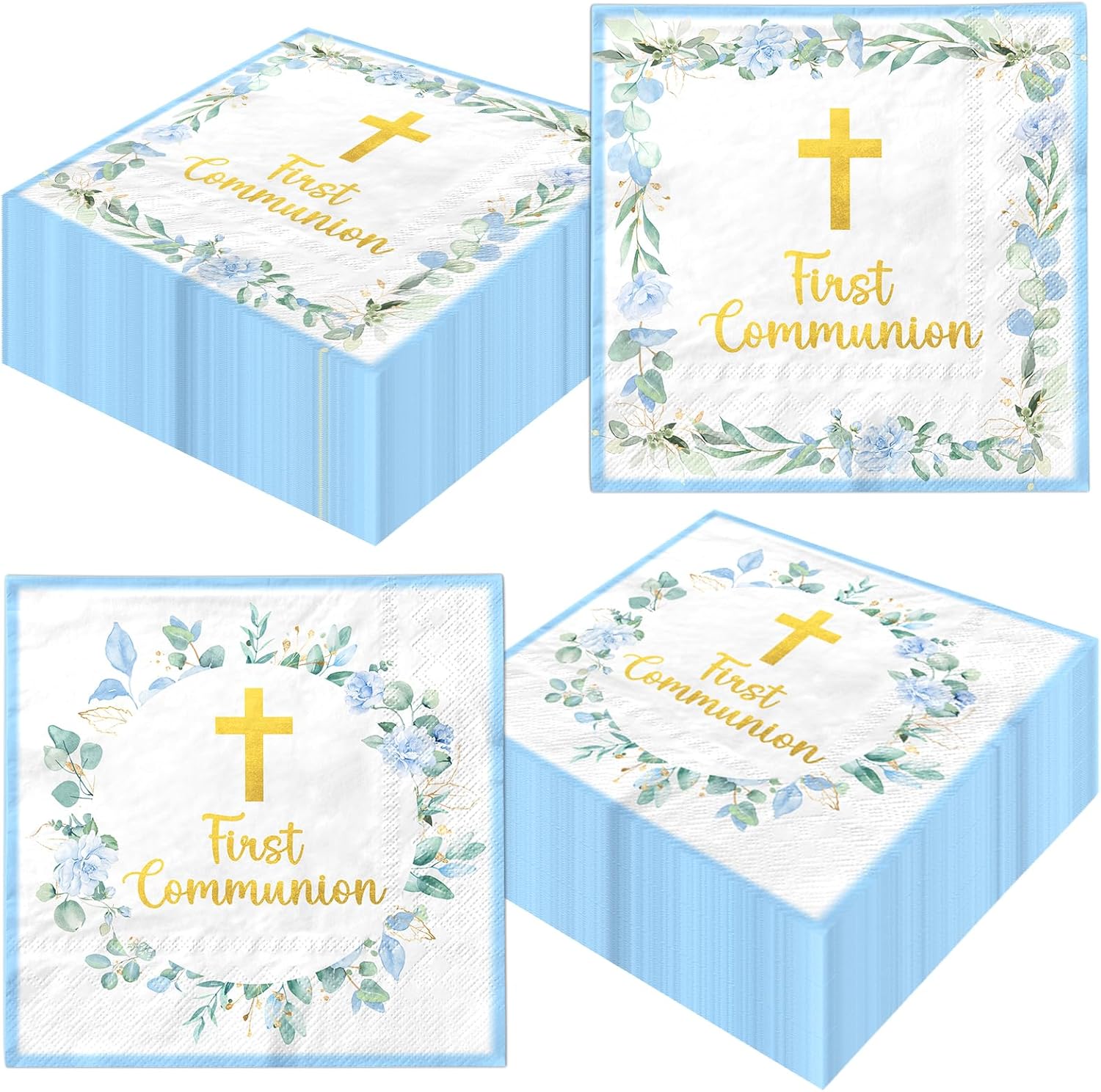 First Communion Decorations for Boys, 50pcs Blue Baptism Napkins First Communion Paper Napkins for Baptism Decorations, Easter Party, First Communion Party Supplies