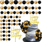 75 PCS Black and Gold Cake Decorations Balls Happy Birthday Insert Cards for DIY Cake Decoration Baby Shower Wedding Birthday Party
