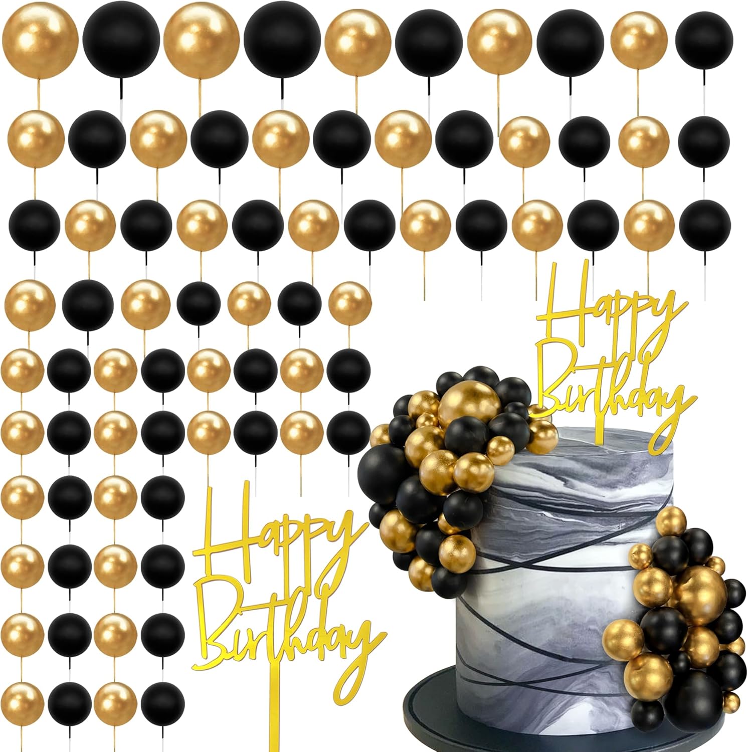 75 PCS Black and Gold Cake Decorations Balls Happy Birthday Insert Cards for DIY Cake Decoration Baby Shower Wedding Birthday Party