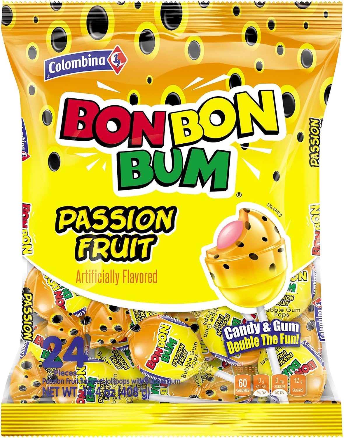 Colombina Bon Bon Bum Passion Fruit Lollipops, Tropical Fruit Hard Candy, Individually Wrapped Candy Pops for Parties, Candy Bowl Refill, Office or Classroom Rewards, 24 Count