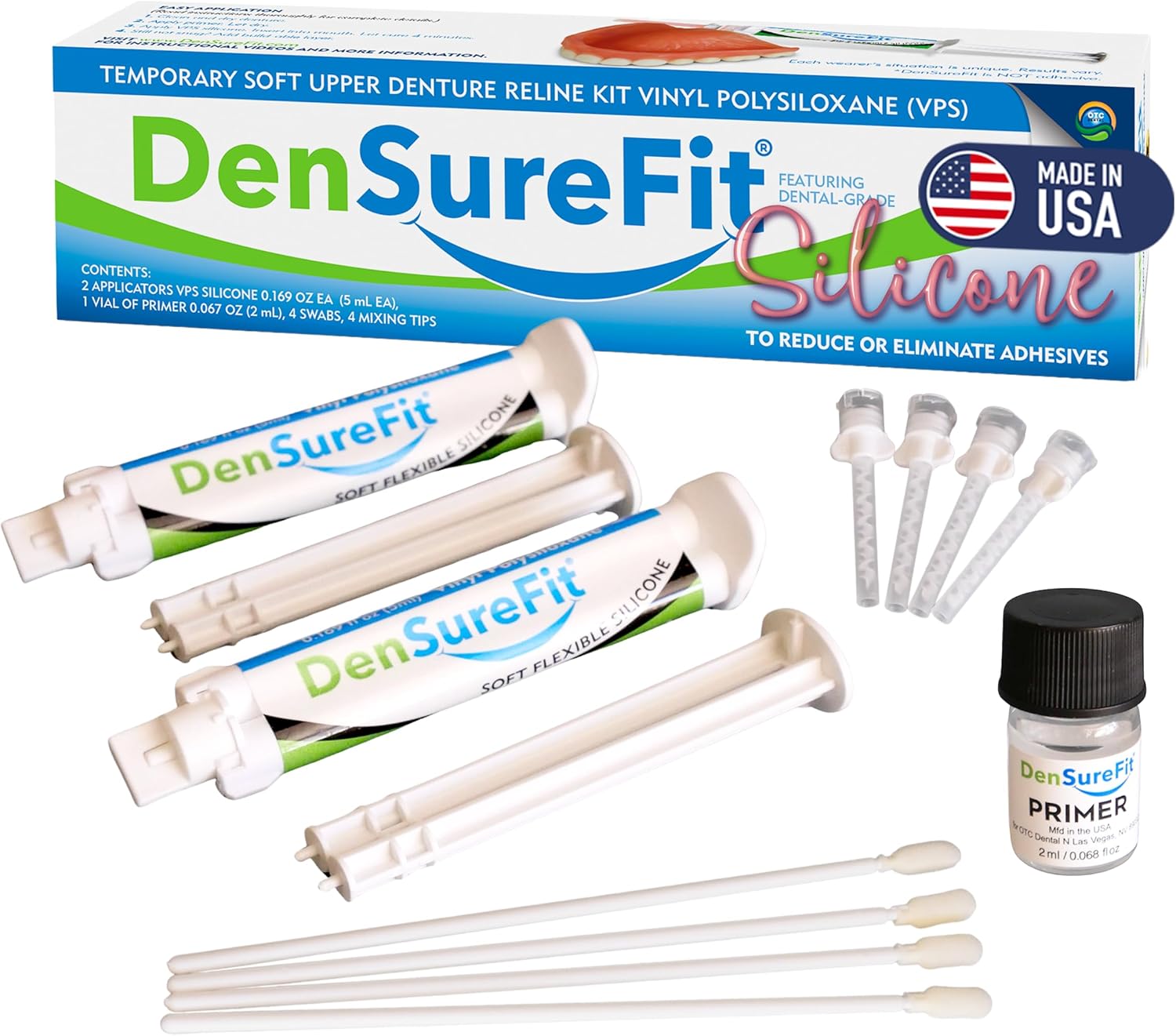 DenSureFit Denture Reline Kit for Upper Denture, 3-6 Month Soft Silicone Dentures Repair Set to Refit and Tighten, Easy to Use Reline Set with Larger Primer and Applicators for Comfortable Fit