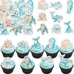 Ephlyn 54Pcs Edible Ocean Animal Cupcake Toppers Wafer Paper Octopus Dolphin Turtle Crab Mermaid Tail Cake Picks for Under the Sea theme Birthday Party Supplies Pink Blue