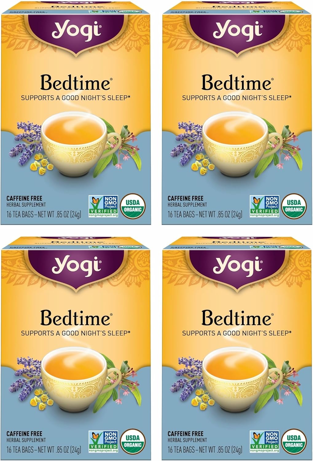 Yogi Tea Bedtime Tea - 16 Tea Bags per Pack (4 Packs) - Chamomile & Passionflower Herbal Tea Blend - Tea to Support a Good Night's Sleep - Includes Lavender, Licorice Root, Spearmint & Cardamom