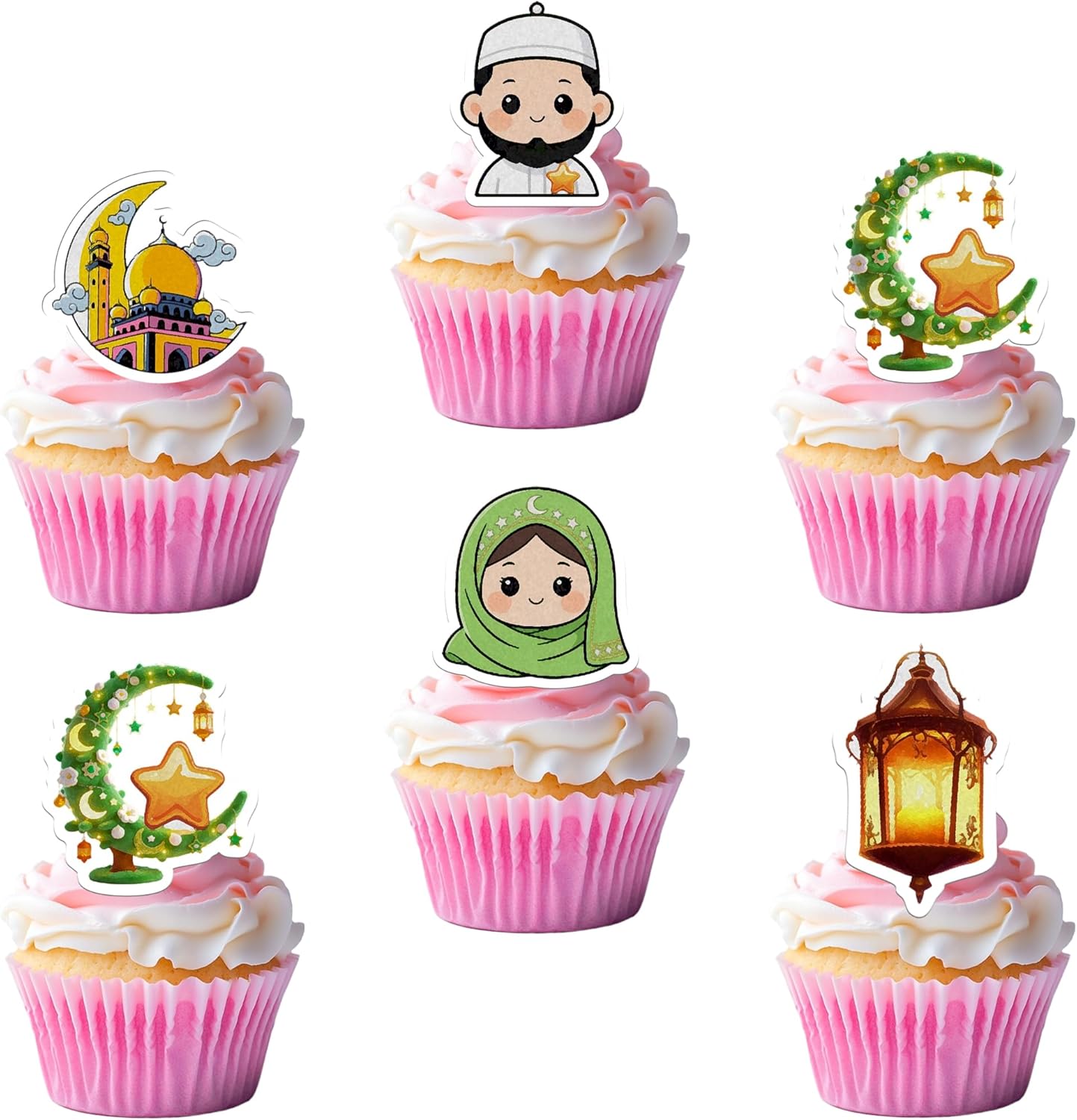 50 PCS Edible Ramadan Cake Toppers Wafer Paper Mosque Lantern Crescent Moon Halal Cupcake Toppers Edible Eid Mubarak Party Decorations for Islamic Muslim Theme Ramadan Kareem Party Supplies