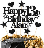 Personalized Happy Birthday Cake Topper | Custom Party Decoration with Any Name Any Age | Multicolor Glitter Cake Topper 13th 16th 18th 21st 30th 50th 60th 80th (Black)