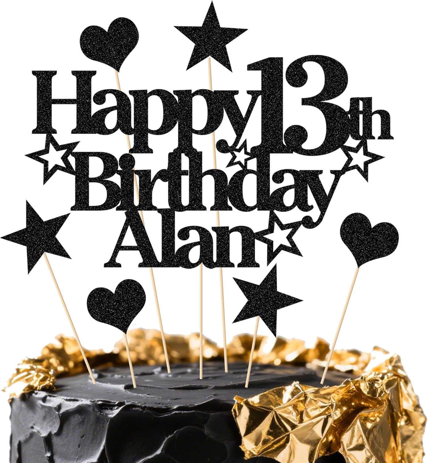 Personalized Happy Birthday Cake Topper | Custom Party Decoration with Any Name Any Age | Multicolor Glitter Cake Topper 13th 16th 18th 21st 30th 50th 60th 80th (Black)