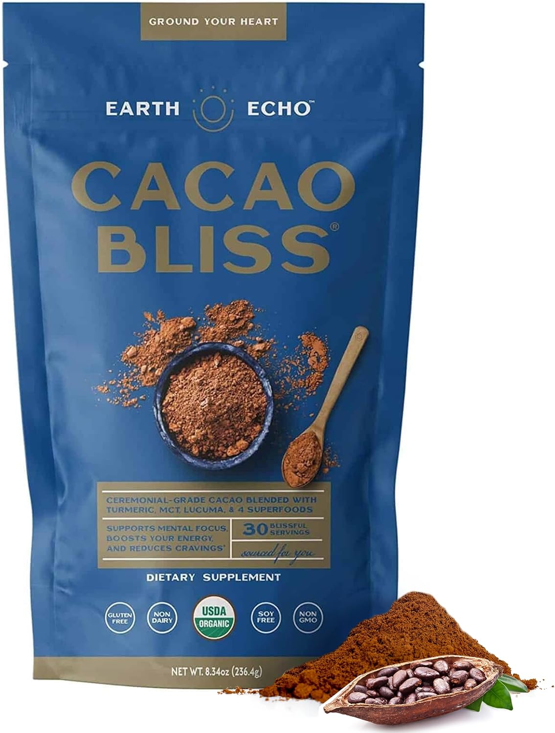 Earth Echo Cacao Bliss - Ceremonial Grade Organic Raw Cacao Powder with MCT Oil & Turmeric - Supports Energy Boost, Mindful Snacking & Focus - Unsweetened, Vegan, GMO & Gluten-Free, 30 Servings