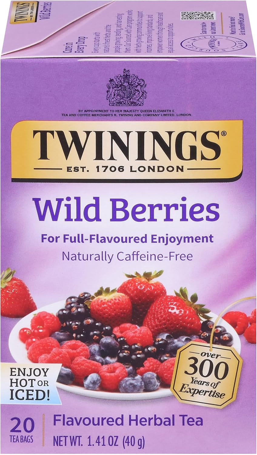 Twinings Wild Berries Herbal Tea Individually Wrapped Bags, 20 Count (Pack of 1), Full-Flavoured, Naturally Caffeine-Free, Enjoy Hot or Iced, 20 Teabags
