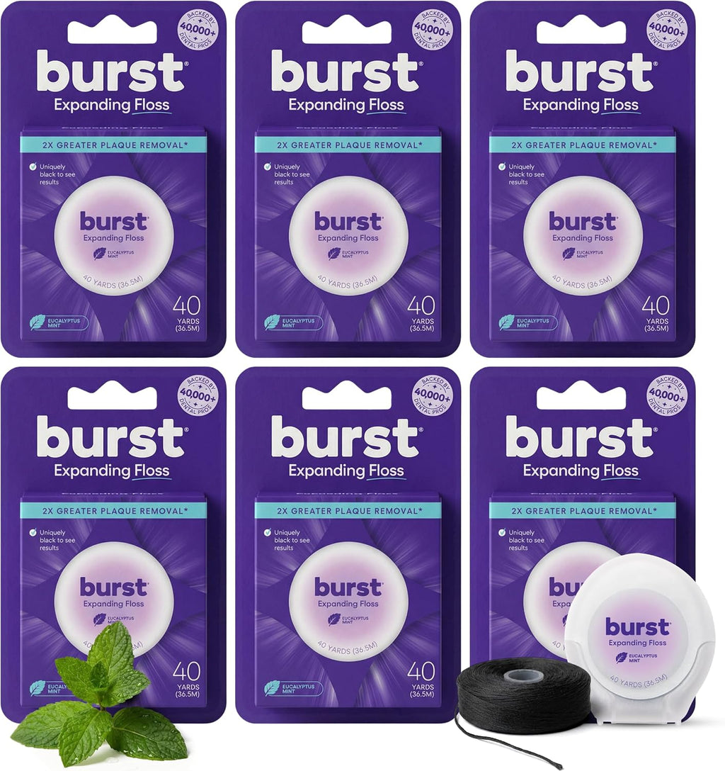 BURST Expanding Dental Floss (Mint Eucalyptus/240 Yards) | Stain Absorbing & Woven Teeth Floss with Xylitol Coating to Fight Cavities | Vegan | Paraben Free Expanding Floss