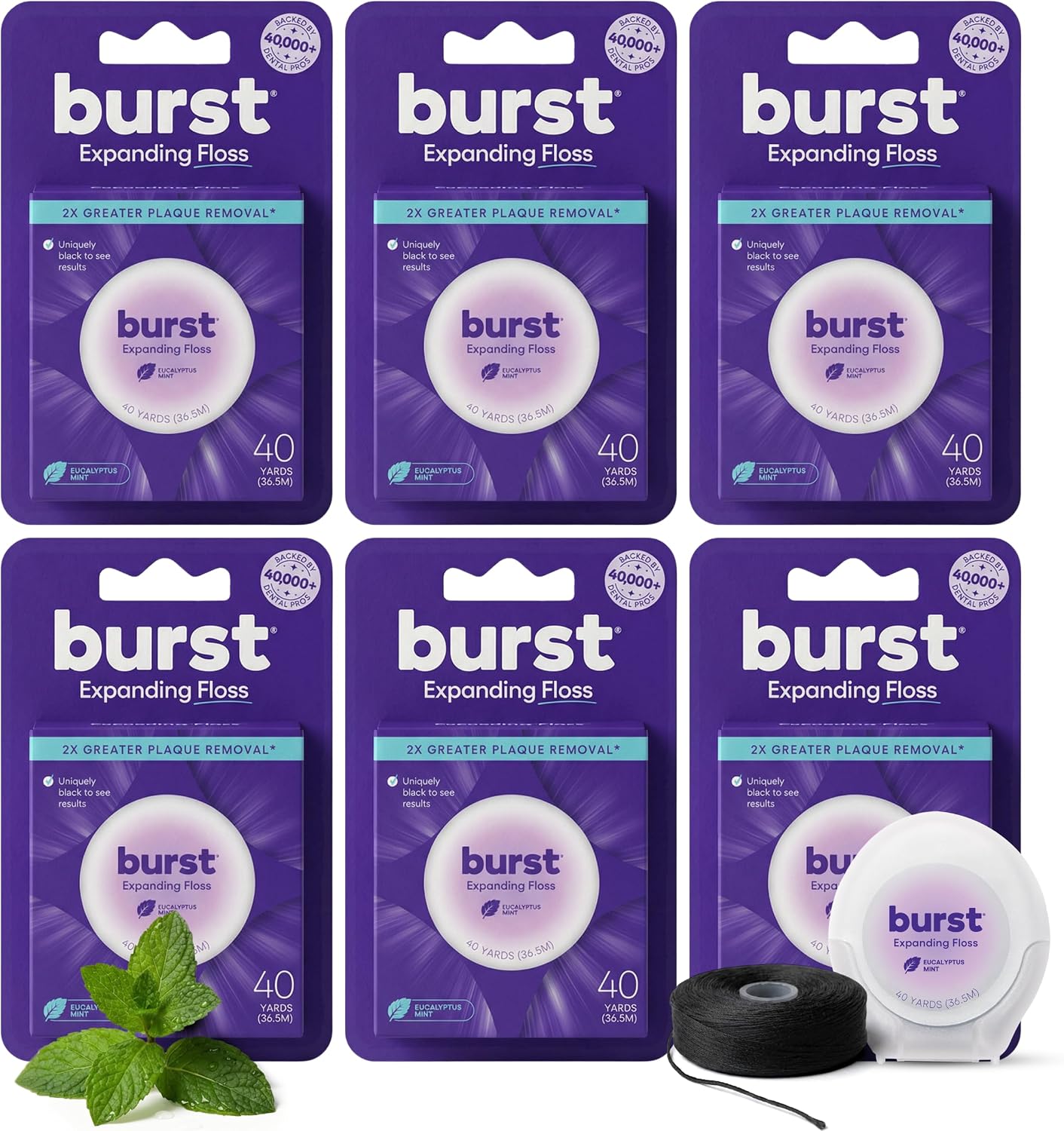 BURST Expanding Dental Floss (Mint Eucalyptus/240 Yards) | Stain Absorbing & Woven Teeth Floss with Xylitol Coating to Fight Cavities | Vegan | Paraben Free Expanding Floss
