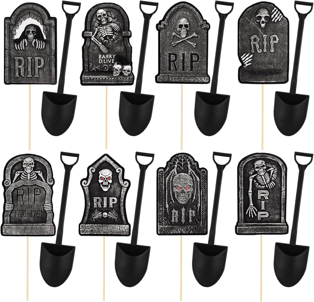 MEMOVAN Halloween Cupcake Toppers 48PCS Tombstones Cupcake Picks with Novelty Mini Shovel Spoons Graveyard Cake Topper Picks Scary Gravestone Skeleton Cupcake Decoration for Halloween Birthday Party