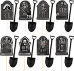 MEMOVAN Halloween Cupcake Toppers 48PCS Tombstones Cupcake Picks with Novelty Mini Shovel Spoons Graveyard Cake Topper Picks Scary Gravestone Skeleton Cupcake Decoration for Halloween Birthday Party