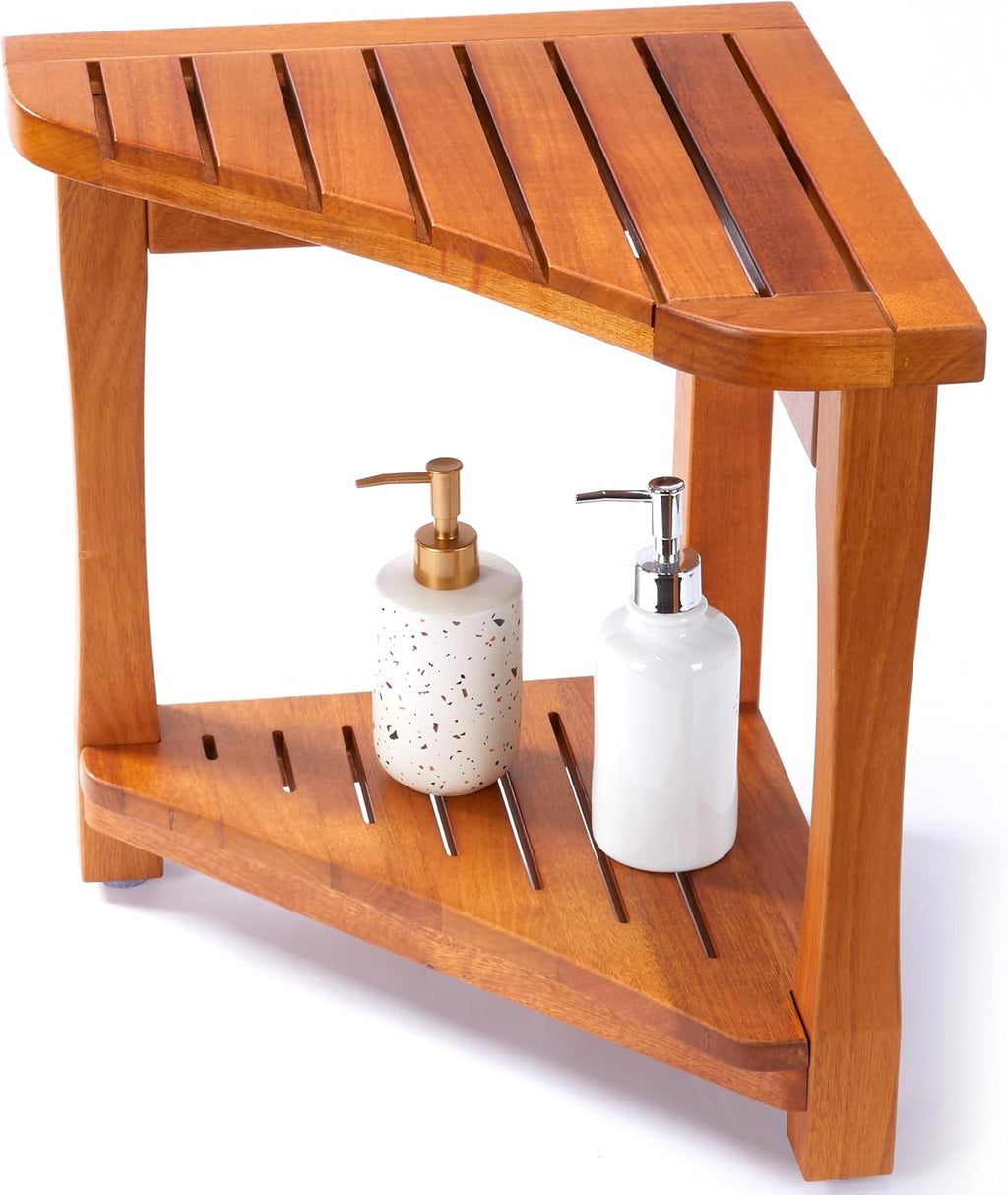 Teak Shower Bench for Inside Shower - 100% Grade A Solid Teak Wood Shower Stool, Waterproof Wooden Bath Bench Seat with Storage Shelf, Non-Slip Spa Chair