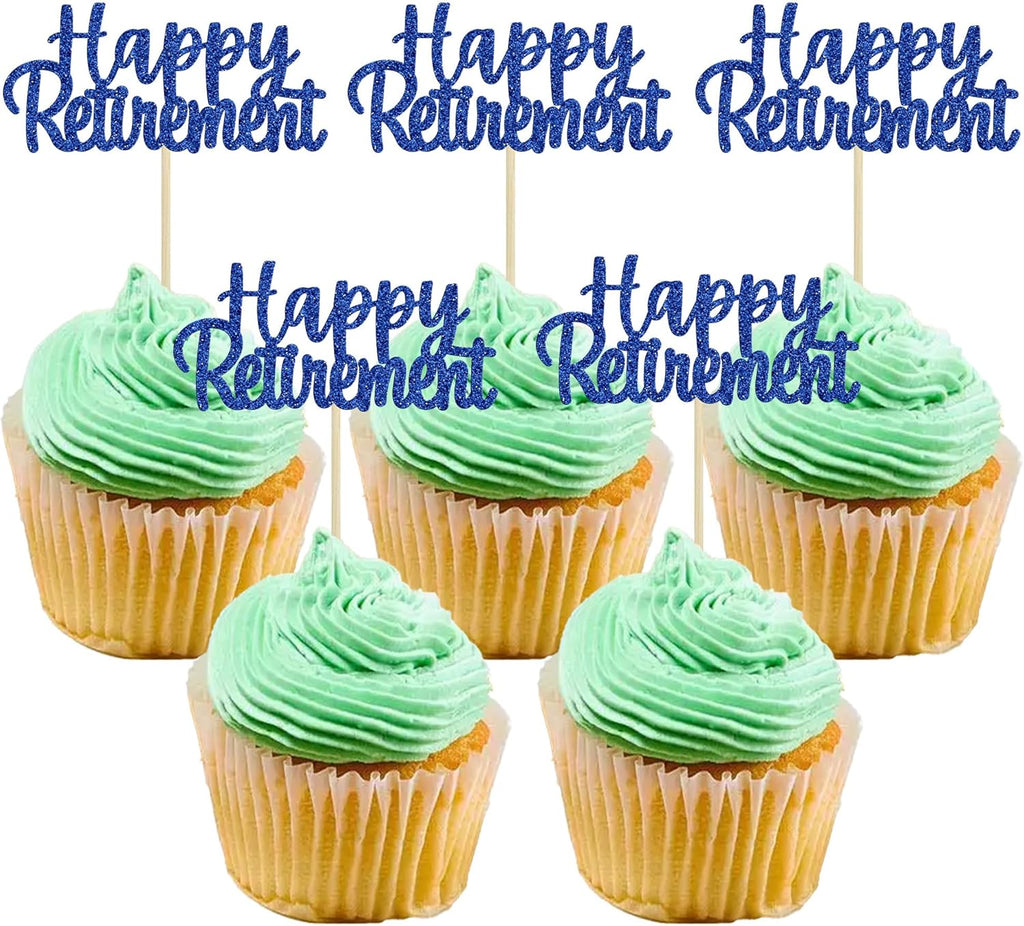 Gyufise 36 Pack Happy Retirement Cupcake Toppers Blue Glitter Retired Cupcake Picks Decorations for Retirement Theme Birthday Party Cake Decorations