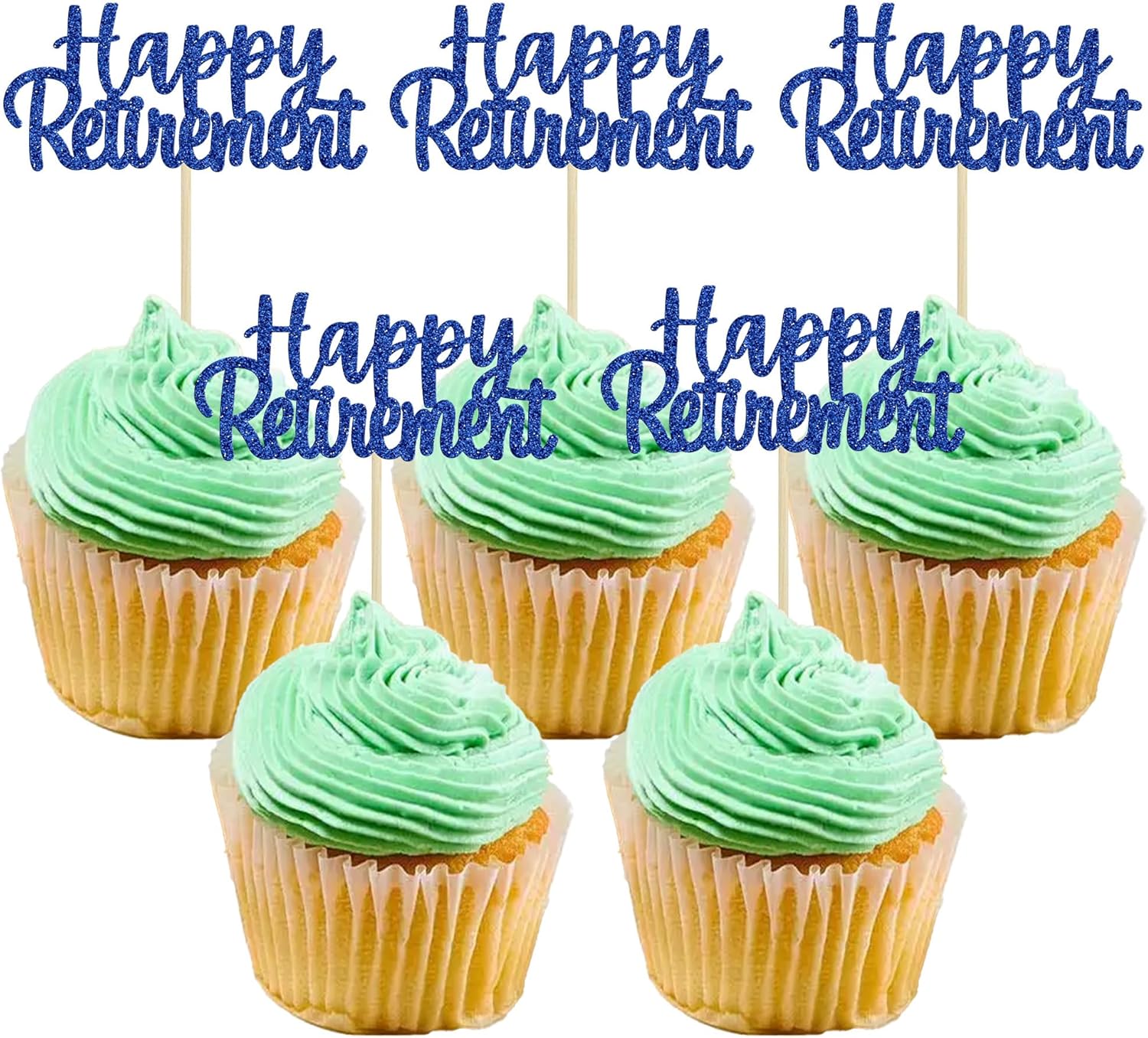 Gyufise 36 Pack Happy Retirement Cupcake Toppers Blue Glitter Retired Cupcake Picks Decorations for Retirement Theme Birthday Party Cake Decorations