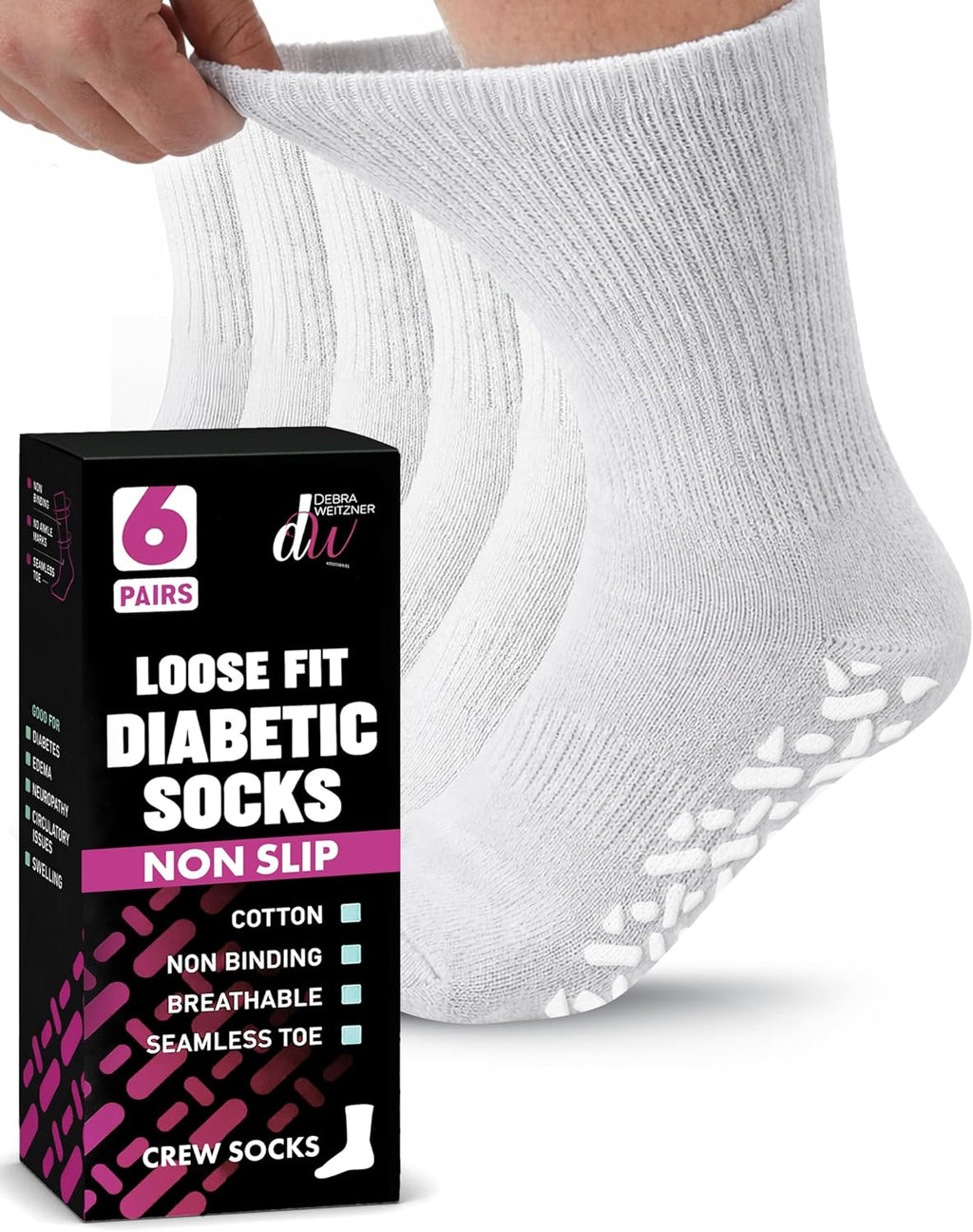 Debra Weitzner 6Pk Non-Binding Loose Fit Sock - Non-Slip Diabetic Socks for Men and Women - Crew, Ankle