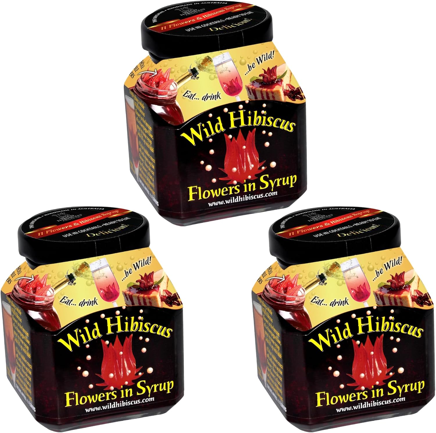 Wild Hibiscus Flowers in Syrup | 8.8 oz (250 g) Jar | Hand-Crafted Whole Hibiscus Flowers in Sweet Syrup | Perfect for Cocktails, Desserts & Gourmet Garnishes [Pack of 3]