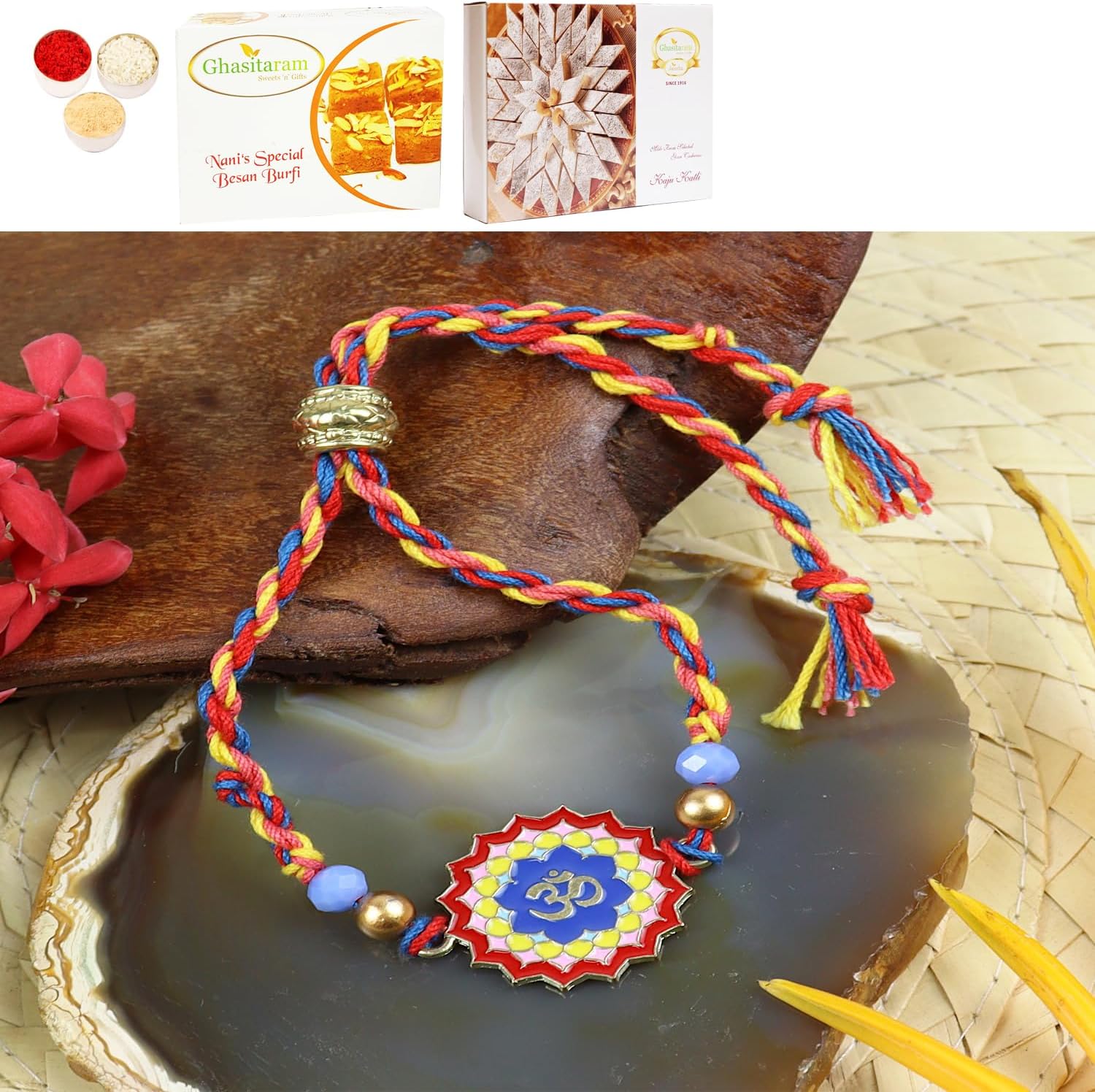 Ghasitaram Gifts Jaiccha Rakhi for Brother Rakhis Online PRK24-036 Metal Om Premium Rakhi with 200 gms of Besan Barfi and 200 gms of Kaju Katli