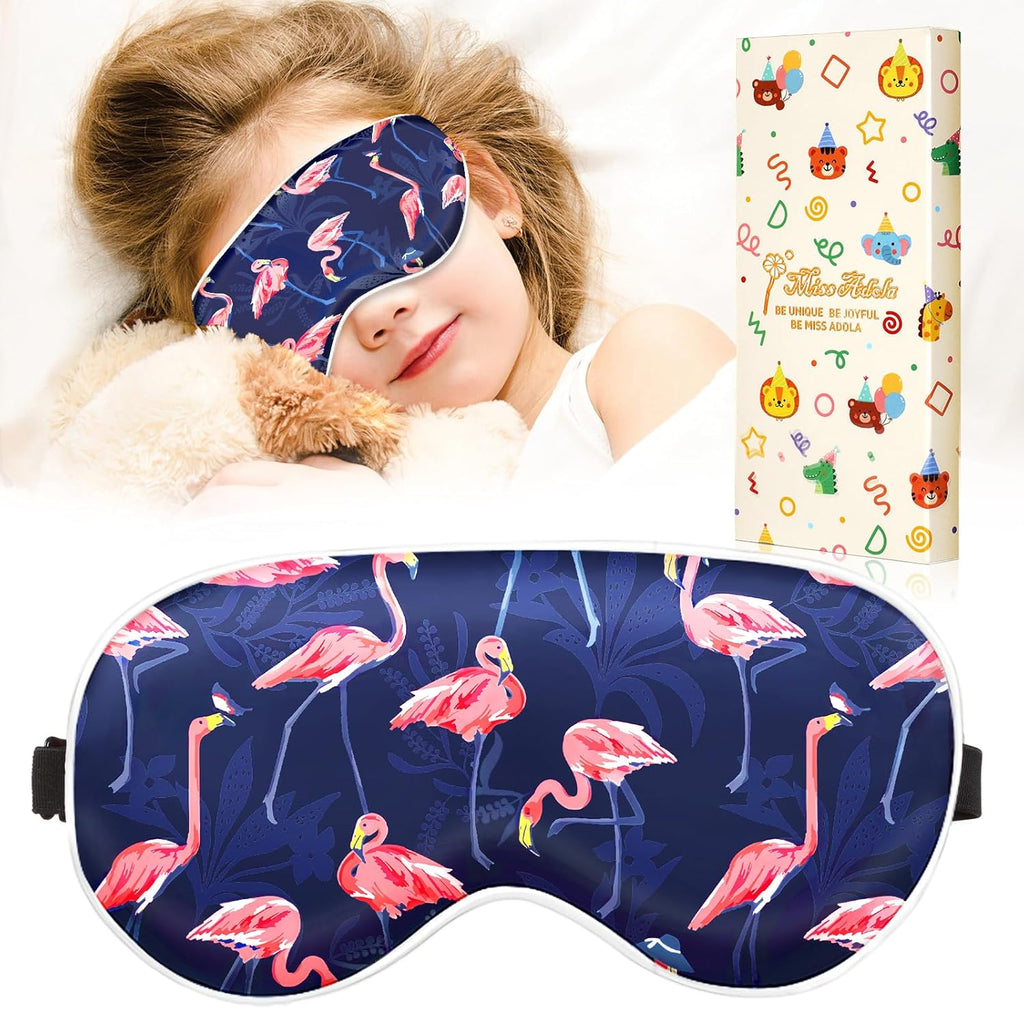 Miss Adola Sleep Mask for Kids - Cute Kawaii Cartoon Silk Sleeping Mask with Adjustable Strap Soft Smooth Light Eye Mask for Sleeping Silk Kids Eye Cover for Boys Girls Teens, BU PK Flamingos