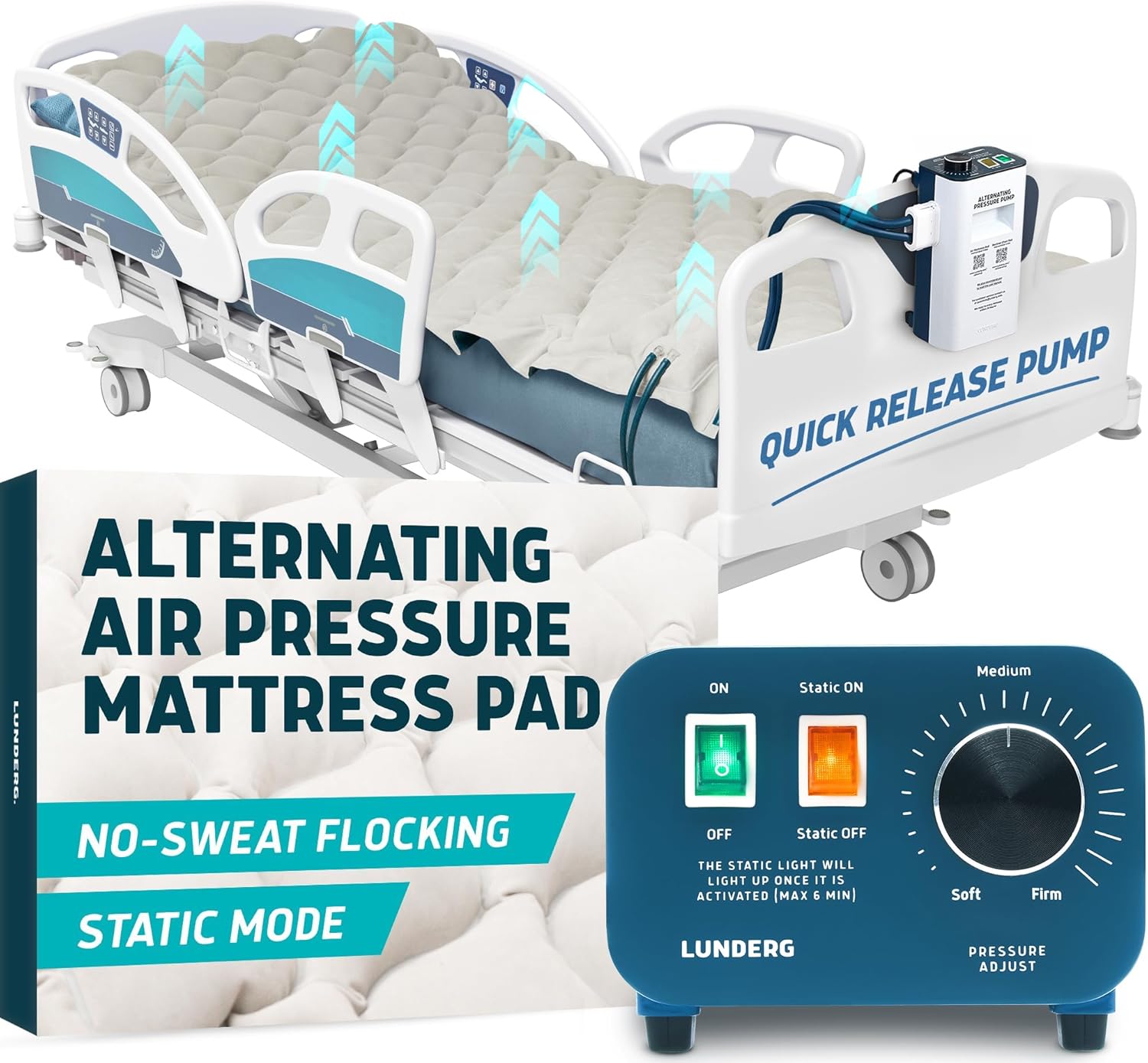 Lunderg Alternating Air Pressure Mattress Pad with Static Mode & Flocking - Comfortable Bed Sore Prevention - Includes Mattress Topper for Hospital Bed or Home & Quiet Pump - Recommended by Doctors