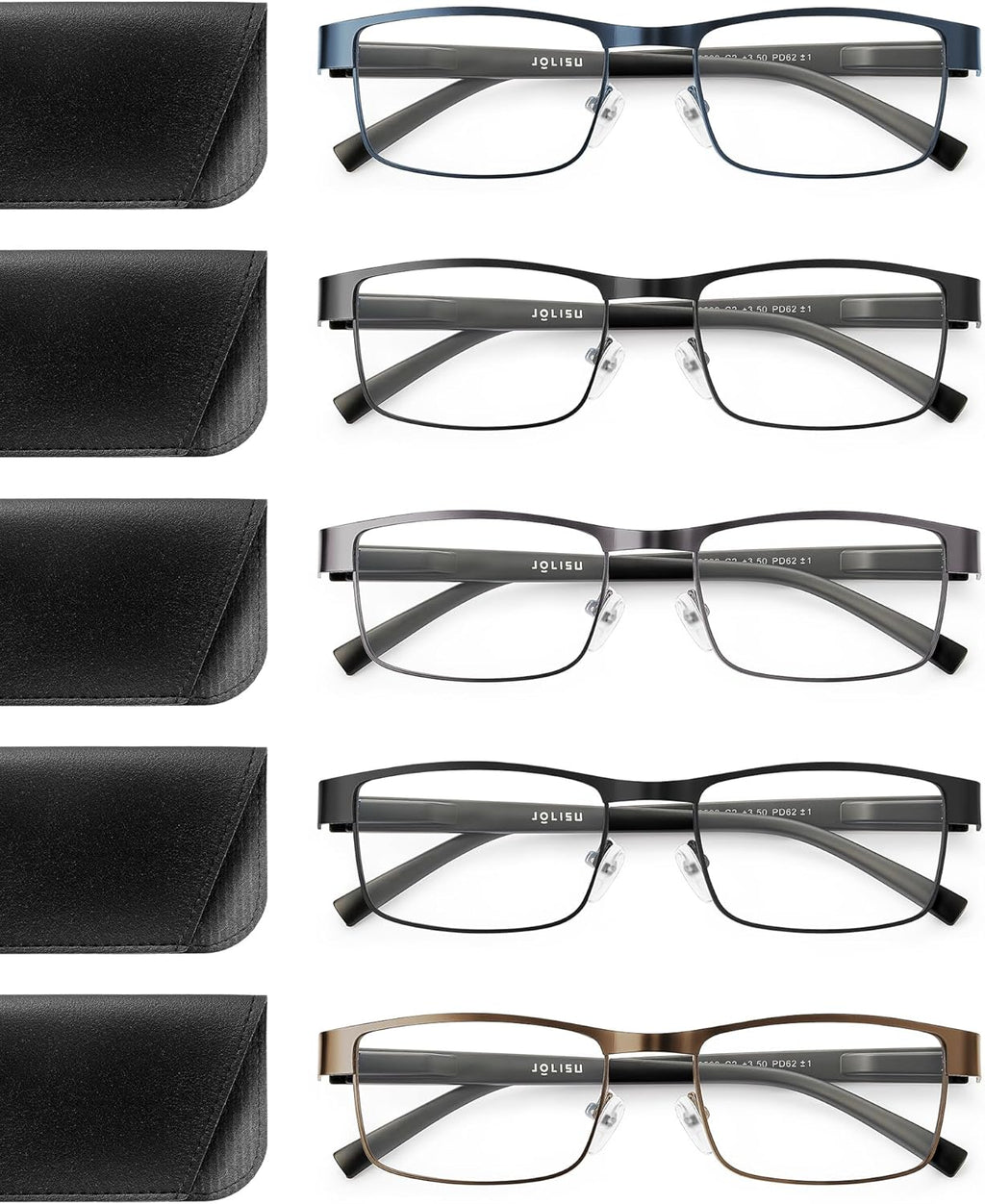 JOLISU 5PCS Reading Glasses Men - Blue Light Blocking Computer Metal Thin Frame Readers For Mens/Women W/Case（2.00）