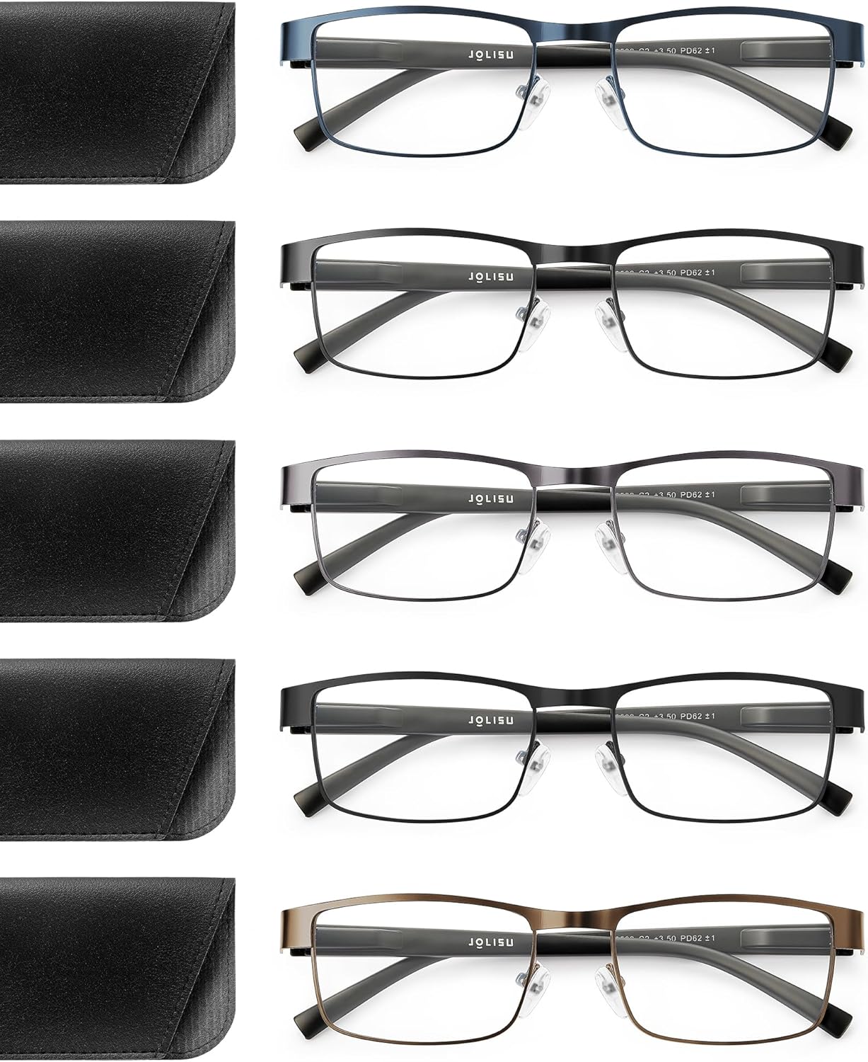 JOLISU 5PCS Reading Glasses Men - Blue Light Blocking Computer Metal Thin Frame Readers For Mens/Women W/Case（2.00）