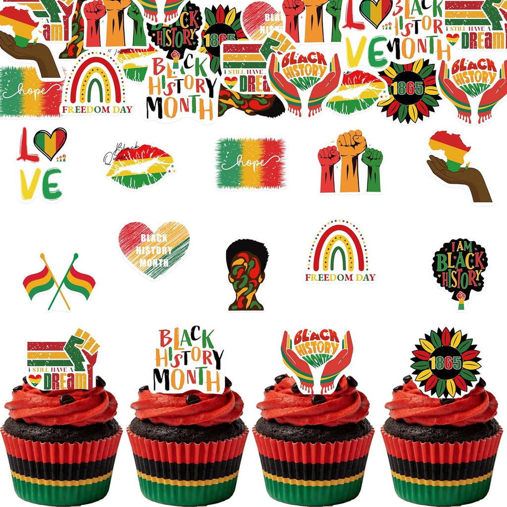 56PCS Edible Black History Month Cupcake Toppers Wafer Paper Freedom Day Cupcake Picks African American Cake Decor for February Black History Month Theme Party Cake Supplies