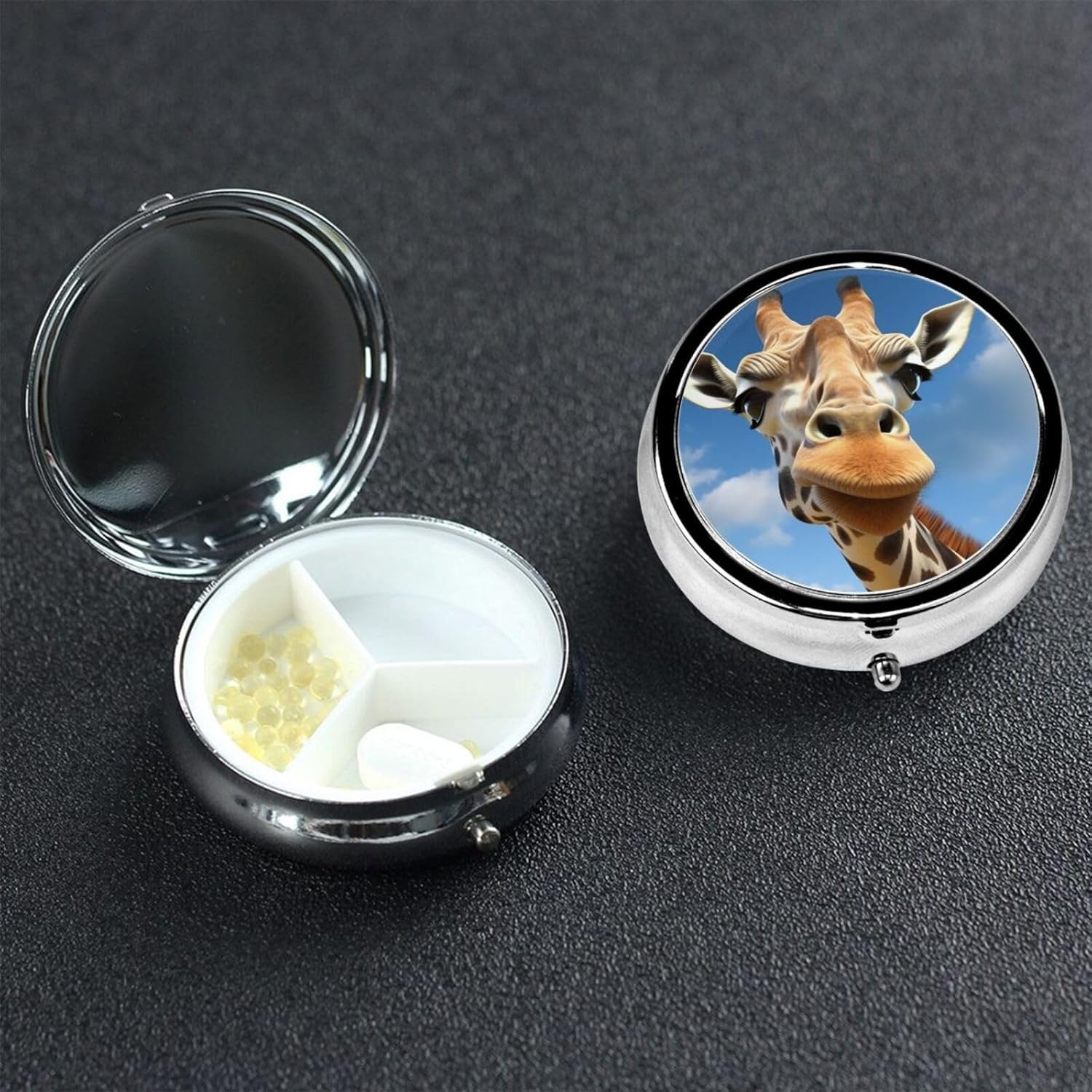 Funny Giraffe Pill Box 3 Compartment Pill Case for Purse & Pocket Cute Pill Organizer with Mirror Portable Travel Pillbox Metal Round Medicine Organizer Unique Gift